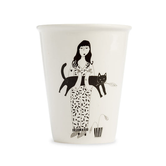 Helen B white cup with a line drawing of a woman holding a black cat
