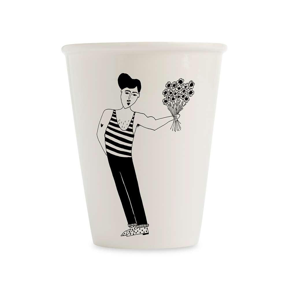 White porcelain cup with a line drawing of a man in a striped vest holding flowers