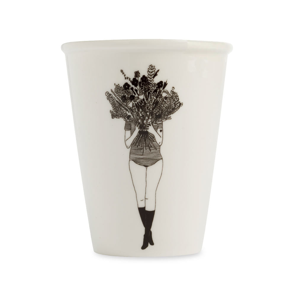 Helen B porcelain cup with a line drawing of a girl whose head is hidden by a bunch of flowers