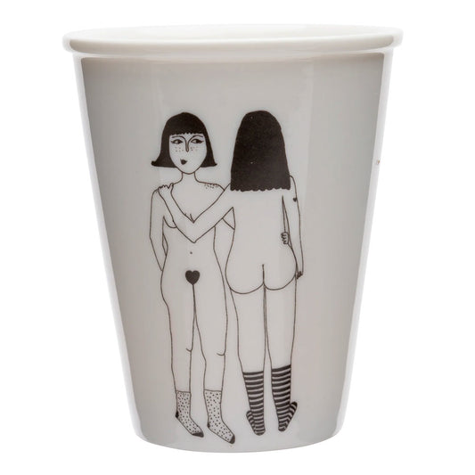 Helen B white cup with a line drawing of two naked women, one from behind
