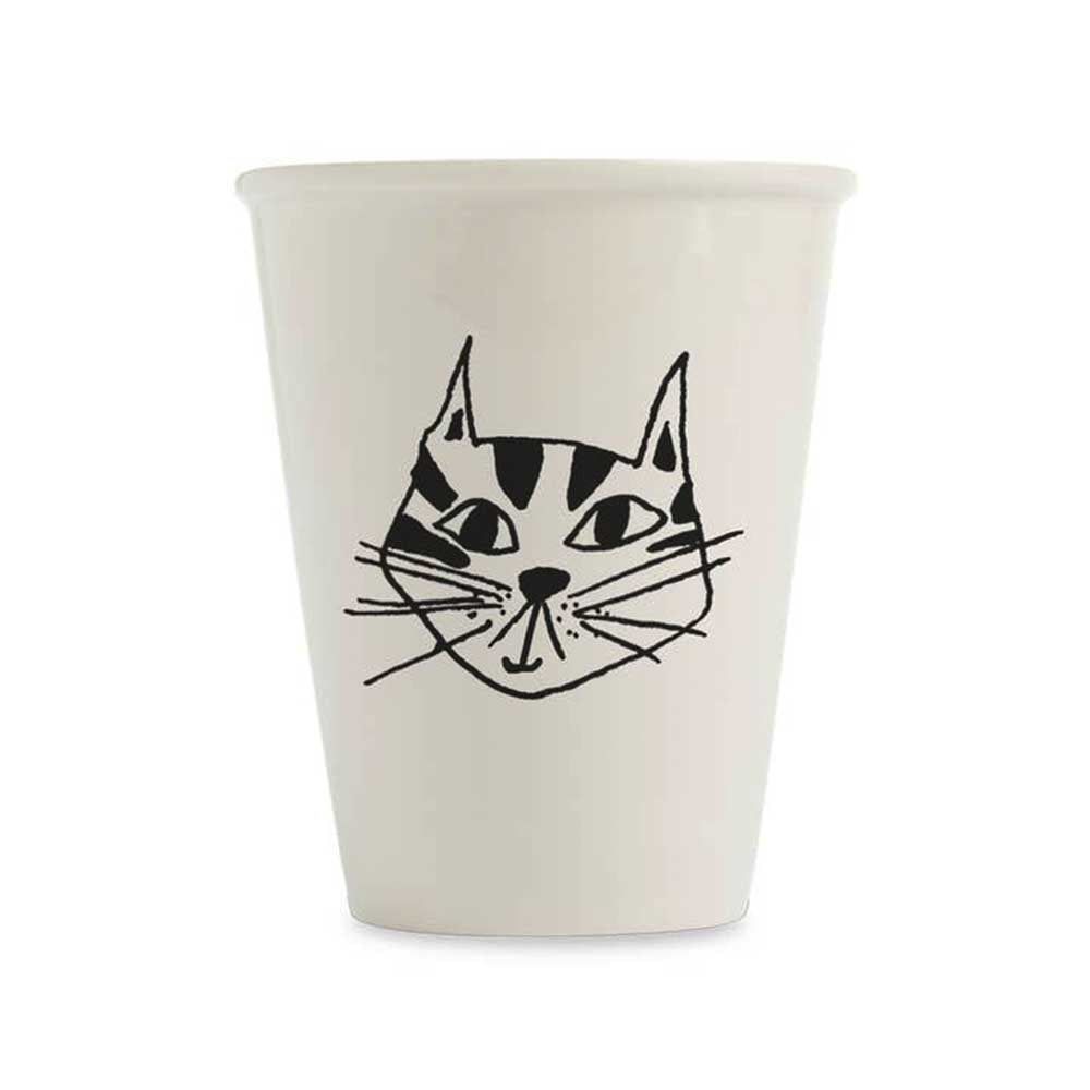 Helen B white porcelain cup with a black line drawing of a cat's face