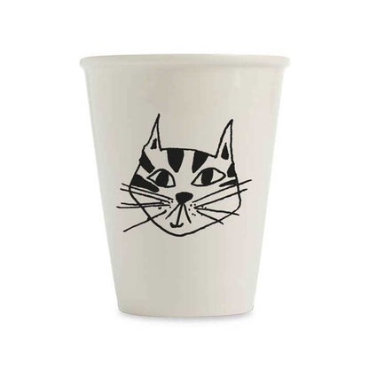 Helen B white porcelain cup with a black line drawing of a cat's face