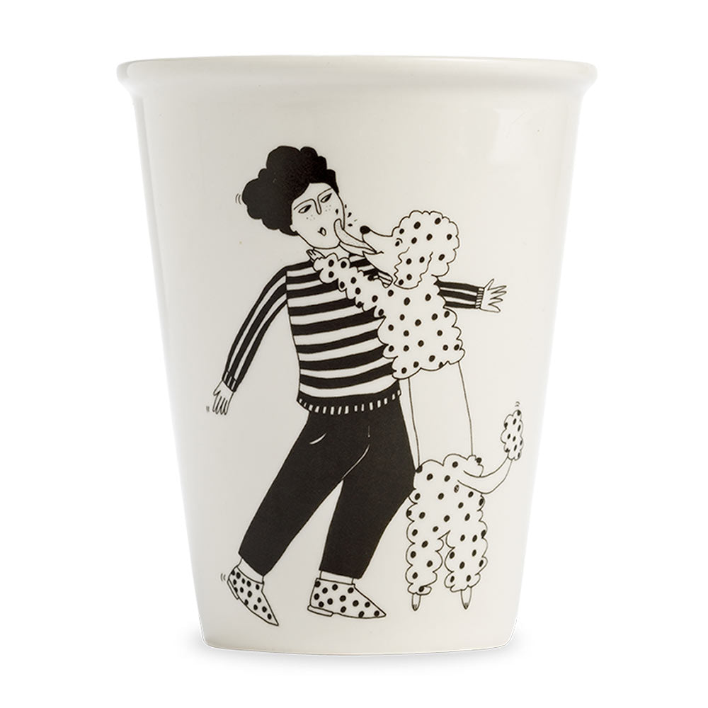 Porcelain cup with a line drawing of a man kissing a poodle