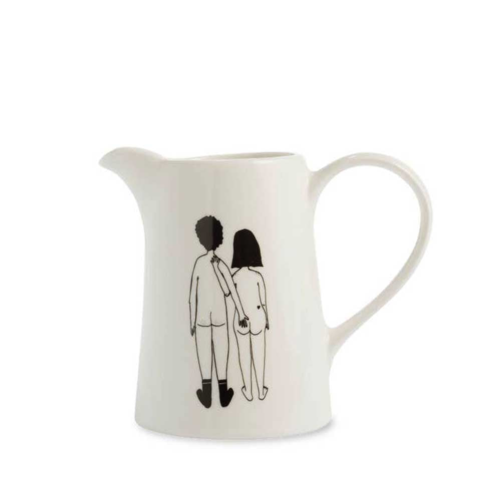 Helen B small white jug with a line drawing of a naked couple from behind