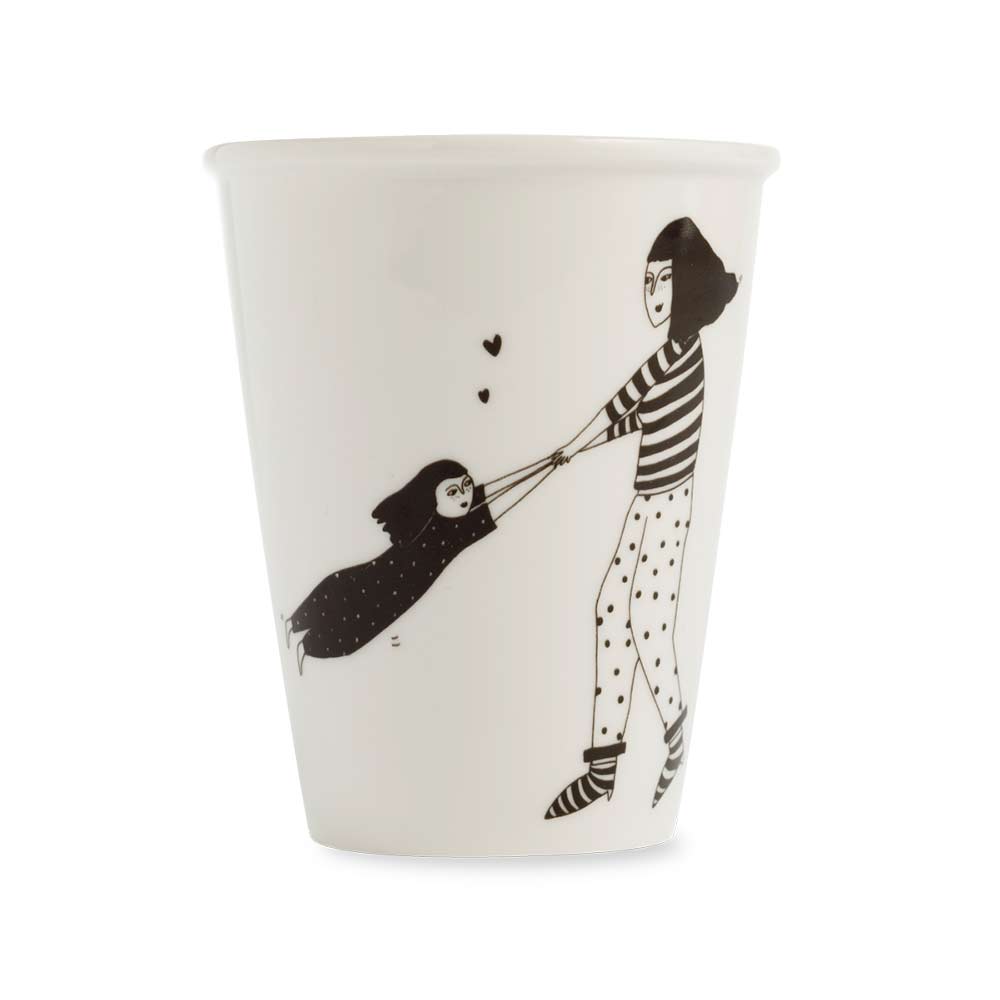 Helen B white cup with a line drawing of a woman spinning a child around