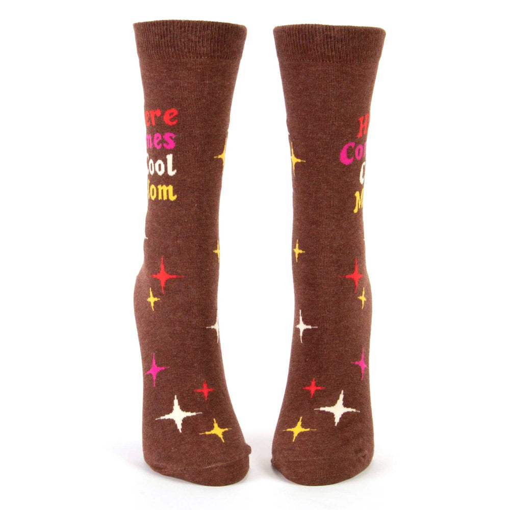 Front view of the brown Here comes cool mom socks
