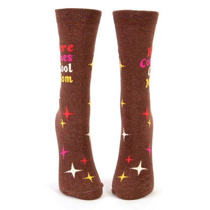 Front view of the brown Here comes cool mom socks