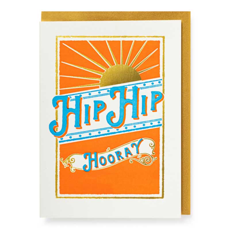 Orange and blue letterpress card with a rising sun: Hip hip hooray