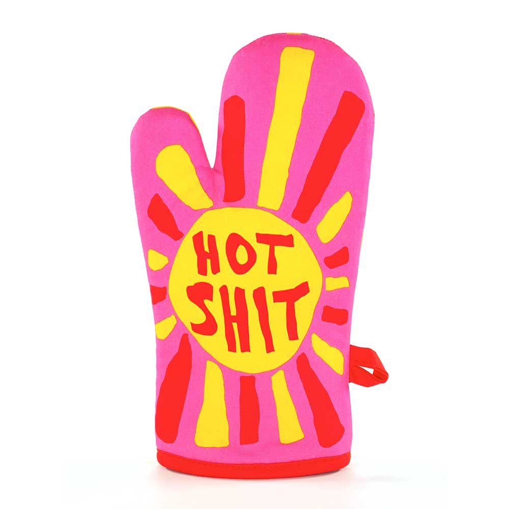 Blue Q oven mitt: a sunburst in pink and yellow with 'Hot shit'