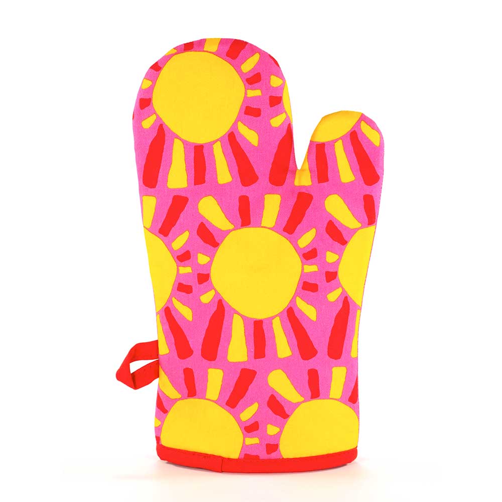 Back of the Hot Shit oven mitt with suns