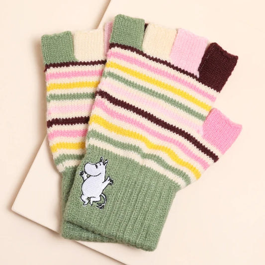 Moomin fingerless gloves in pastel stripes with green cuffs and an embroidered Moomintroll