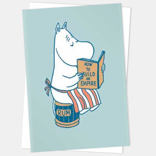 Moomin card of Moominpappa on a rum barrel reading How to Build an Empire
