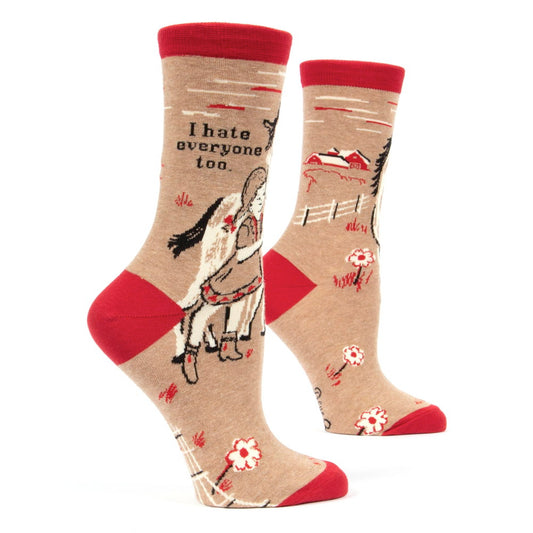 Beige women's socks with a cowgirl hugging a horse: I hate everyone too