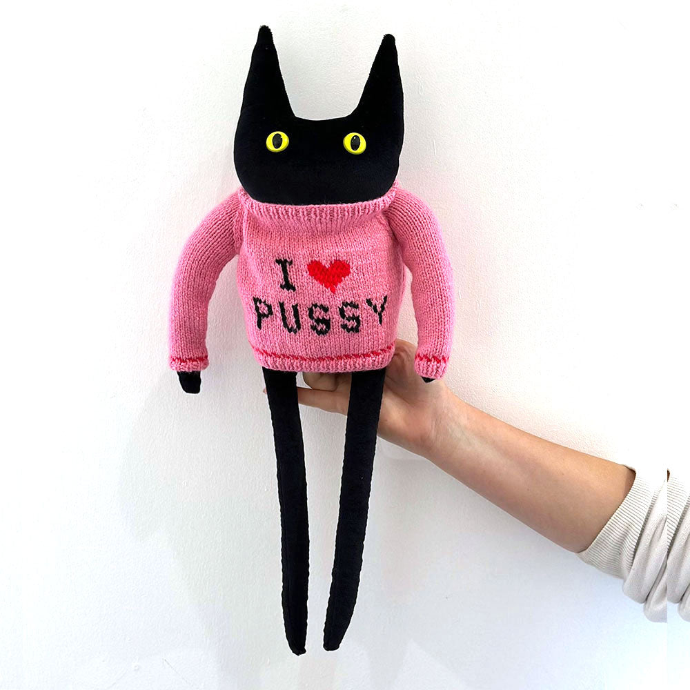 Ruby Ruth Jasper soft toy: a black cat in a pink jumper reading 'I ♥ pussy'