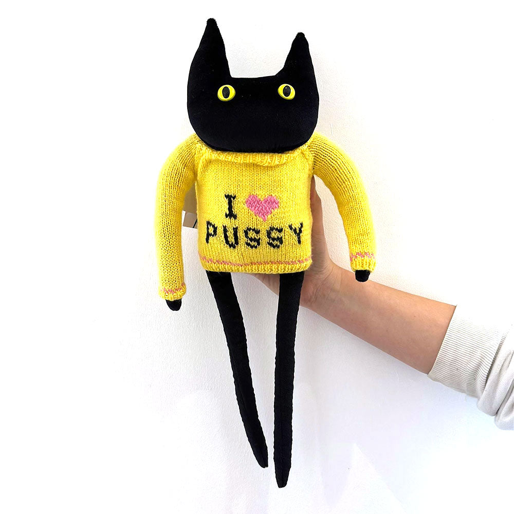 Ruby Ruth Jasper soft toy: a black cat in a yellow jumper reading 'I ♥ pussy'