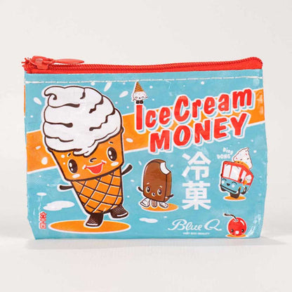 Blue coin purse with a smiling ice cream cone and lolly: Ice cream money