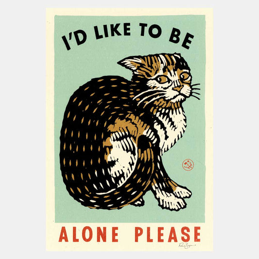 A5 print of a curled-up tabby cat on mint: I'd like to be alone please