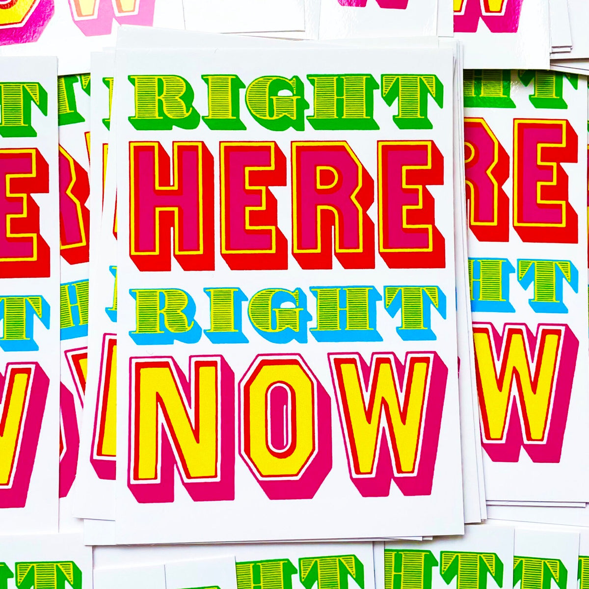Mandy Doubt stickers in bright layered lettering reading 'Right here right now'