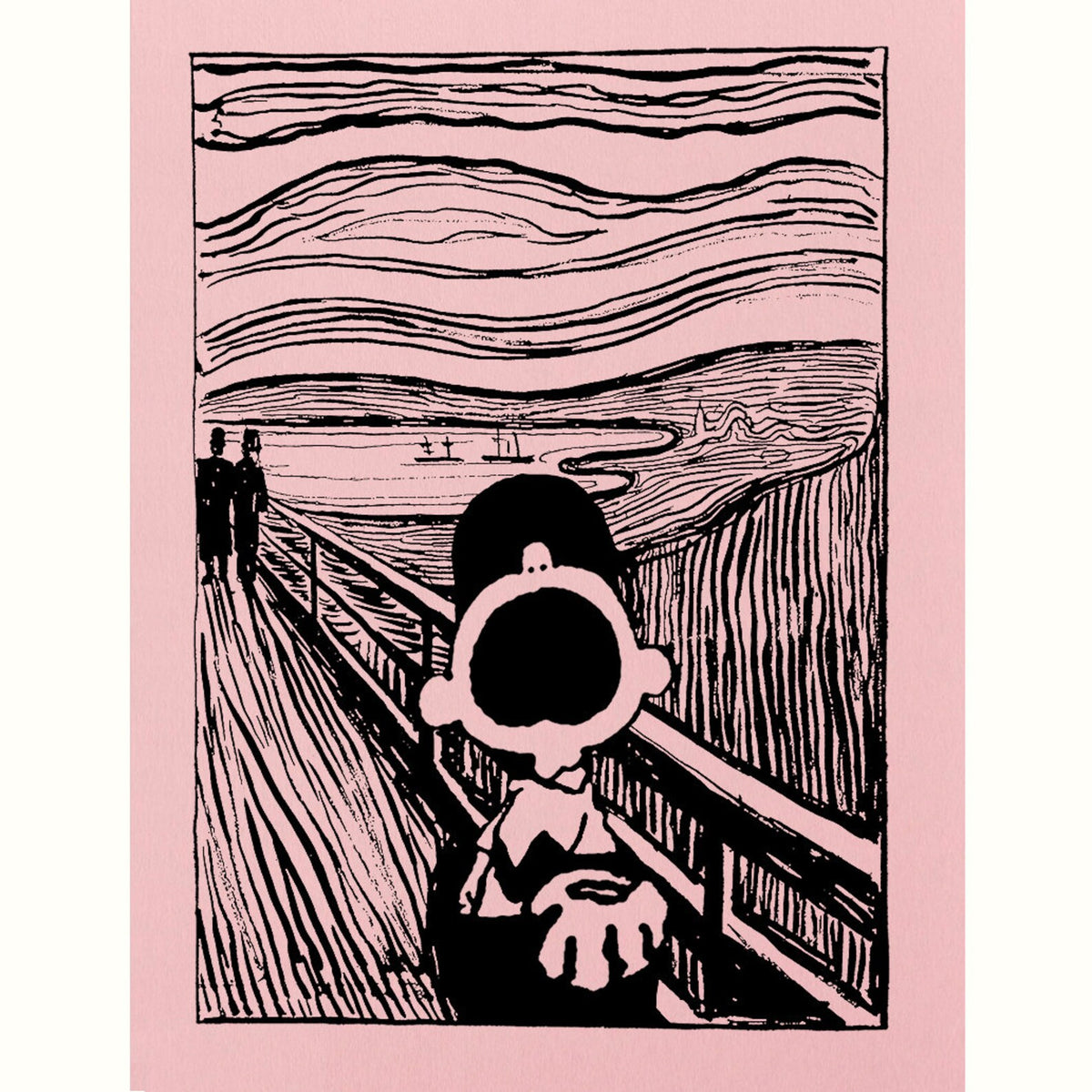Black on pink screenprint of Charlie Brown in the style of The Scream