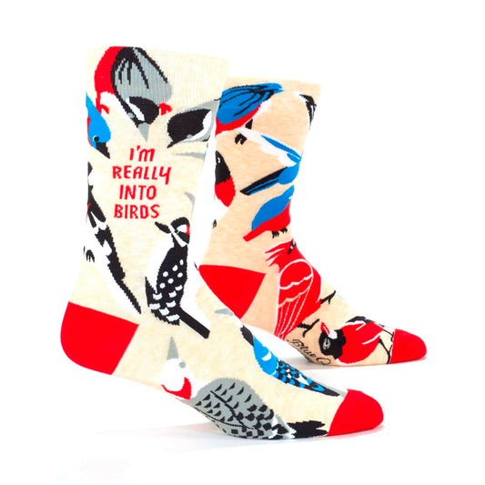Blue Q men's socks: birds including a woodpecker and blue jay, with 'I'm really into birds', on leg forms