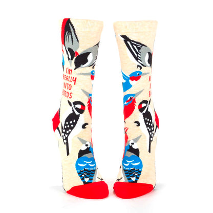 Front view of the bird socks with red heels and toes