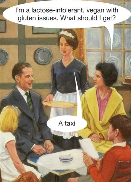 Kiss Me Kwik card: a 1960s family at a restaurant; 'I'm a lactose-intolerant vegan with gluten issues. What should I get?' – 'A taxi'