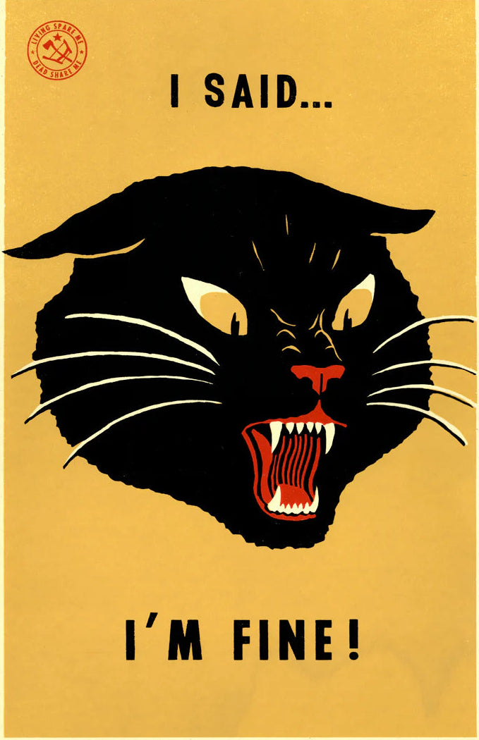 Ravi Zupa print: a snarling black panther with 'I said… I'm fine!' on yellow
