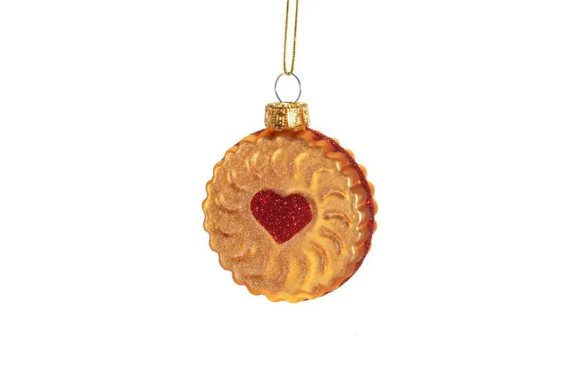 Glass Christmas decoration shaped like a Jammy Dodger biscuit with a red heart