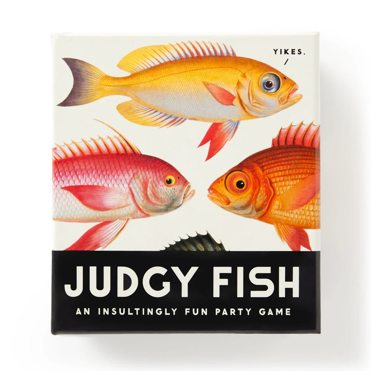 Judgy Fish game box with colourful vintage fish illustrations: An insultingly fun party game