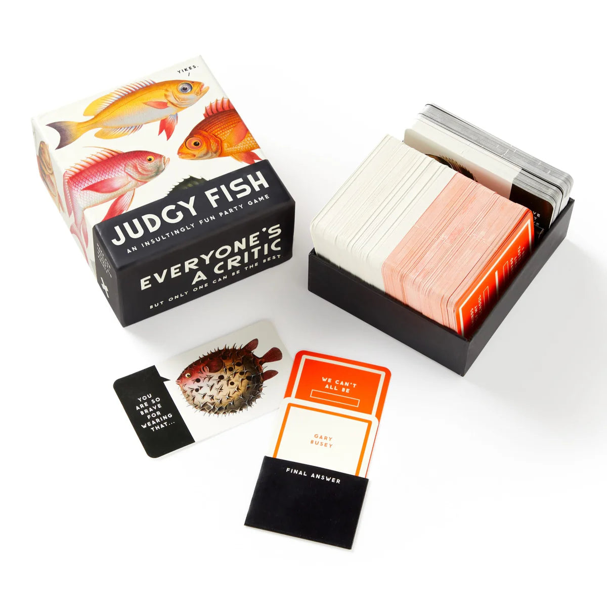 Judgy Fish game opened, with its card stacks and an Everyone's A Critic card