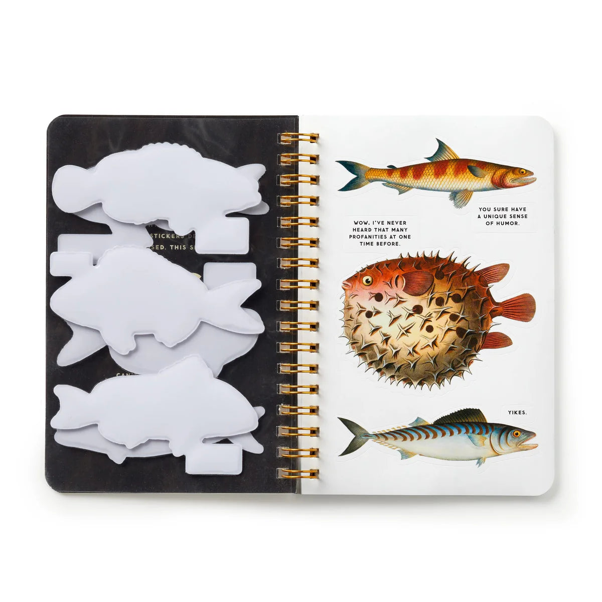 Judgy Fish sticker book open, showing fish stickers with sarcastic speech bubbles and the peeled-off white backing sheet