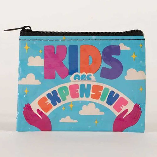 Blue coin purse with rainbow lettering: Kids are expensive