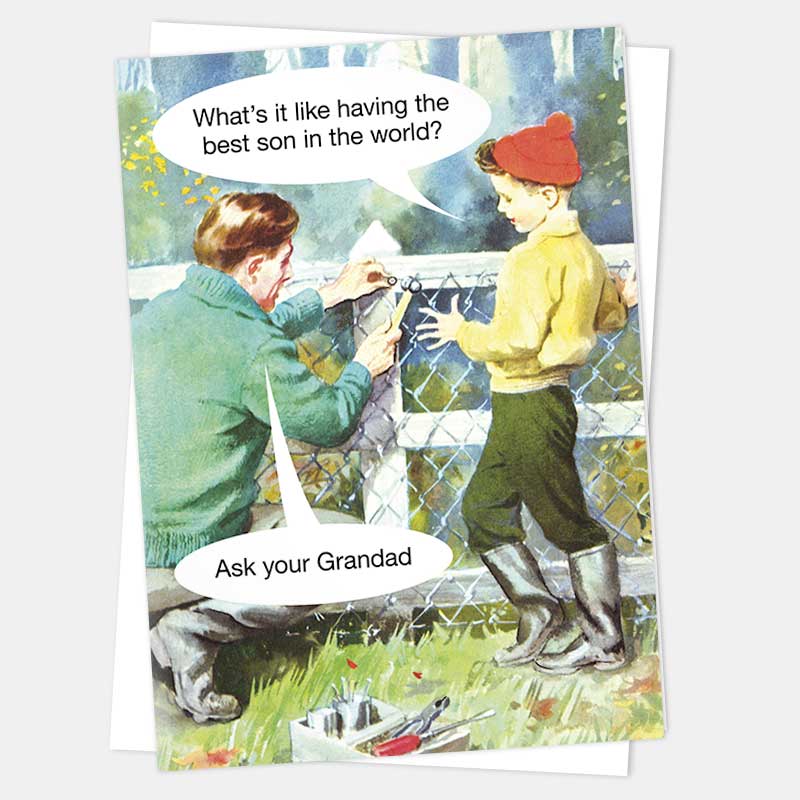 Kiss Me Kwik card: a father and son mending a fence; 'What's it like having the best son in the world?' – 'Ask your Grandad'
