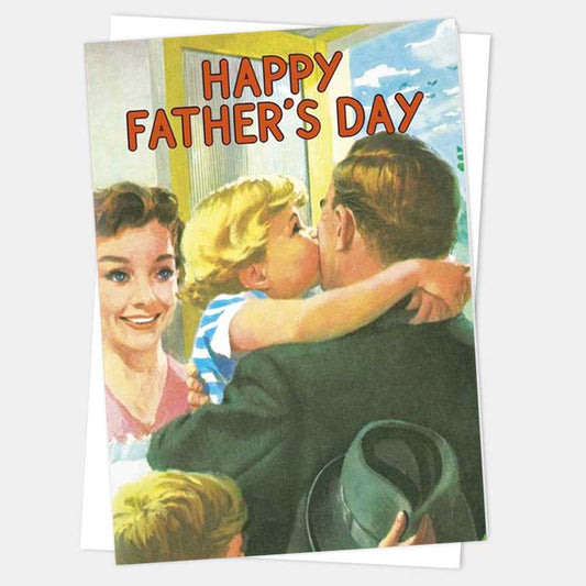 Kiss Me Kwik card: a child hugging a man in a hat, with 'Happy Father's Day' in red