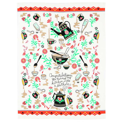 Full view of the shithole tea towel with its repeating kitchen pattern