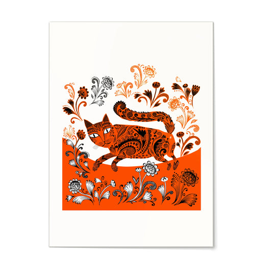Lush Designs Kitty A3 print: a patterned orange cat among flowers