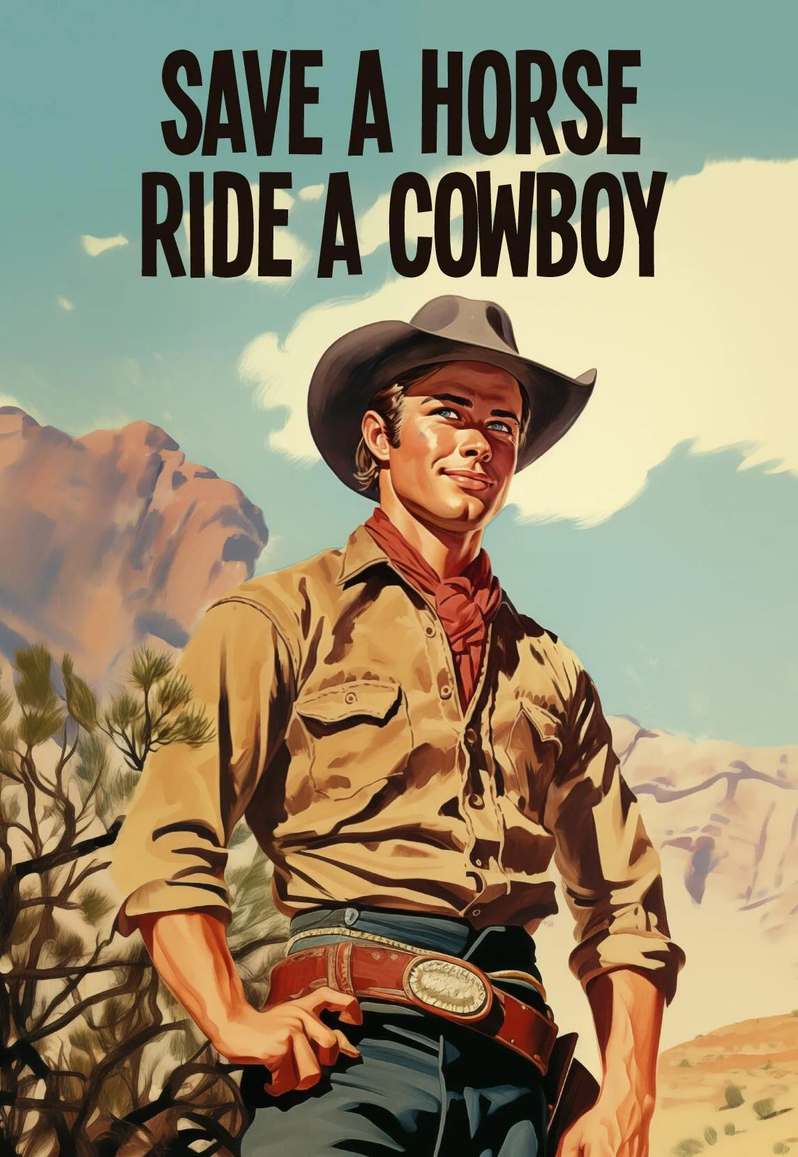 Retro card of a cowboy in the desert: Save a horse ride a cowboy