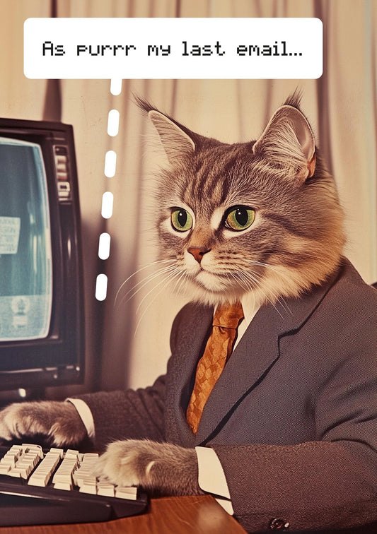 Kiss Me Kwik card: a cat in a suit and tie typing at an old computer, captioned 'As purrr my last email…'