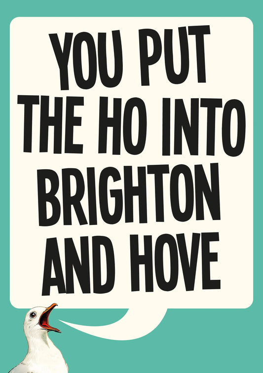 Turquoise card with a seagull: You put the ho into Brighton and Hove