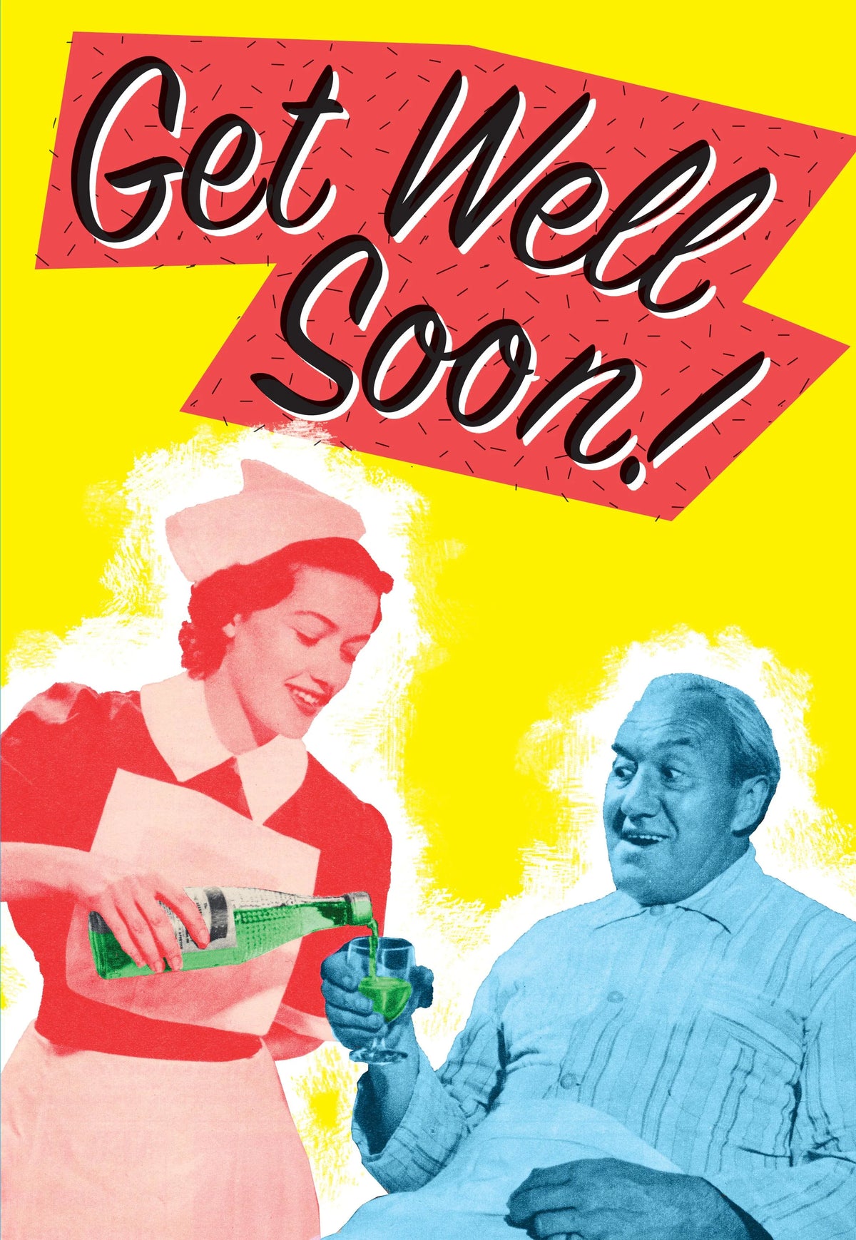 Retro card of a nurse pouring a drink for a patient: Get well soon!