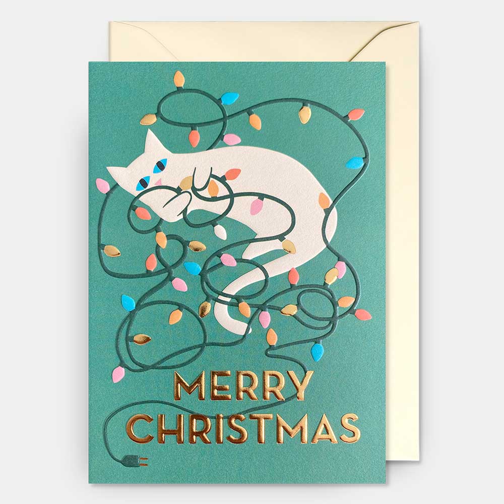 Teal card with a white cat tangled in fairy lights: Merry Christmas