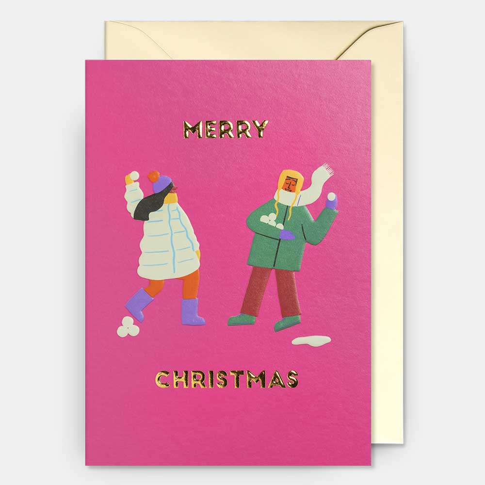 Pink card with two people having a snowball fight: Merry Christmas