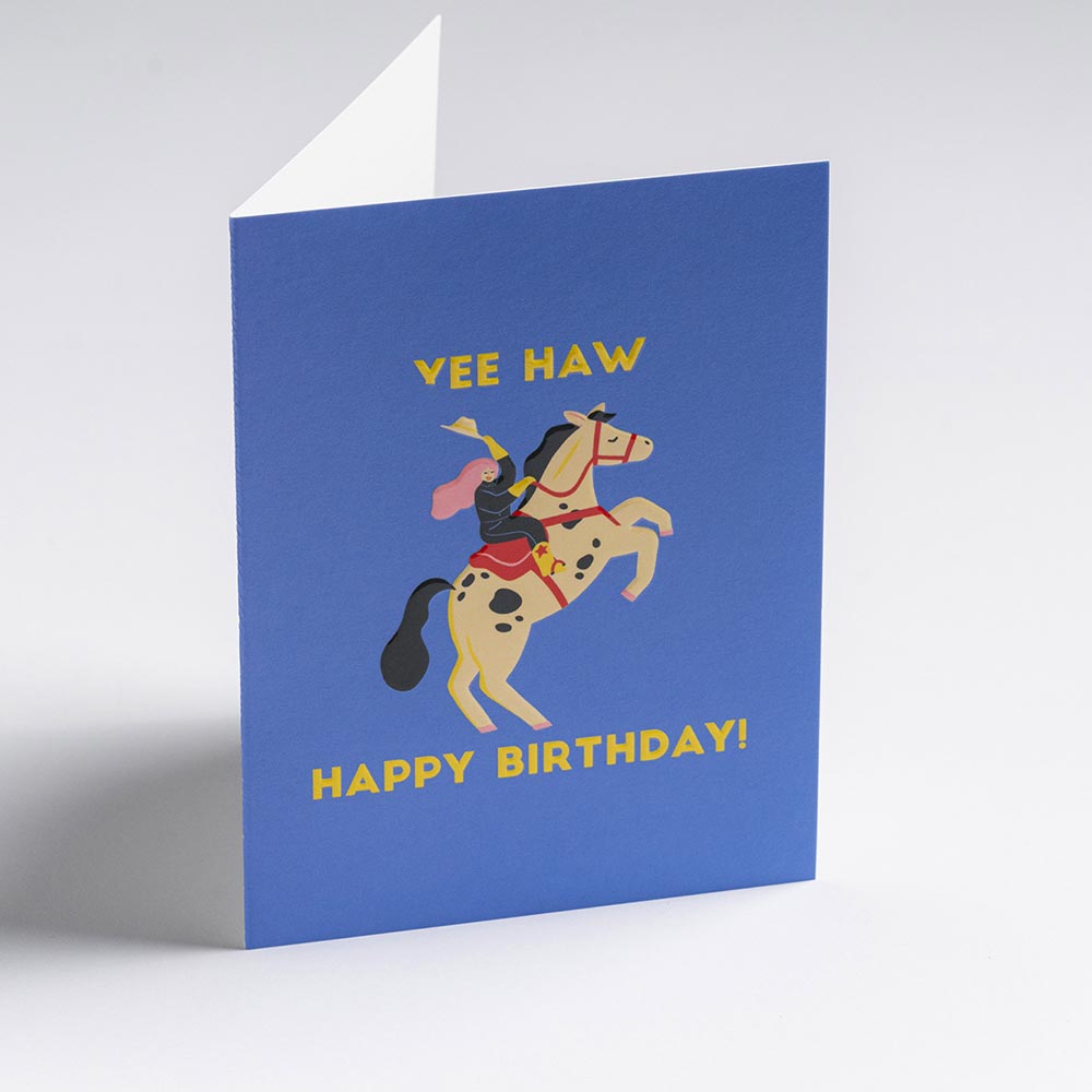 The Yee Haw card standing open