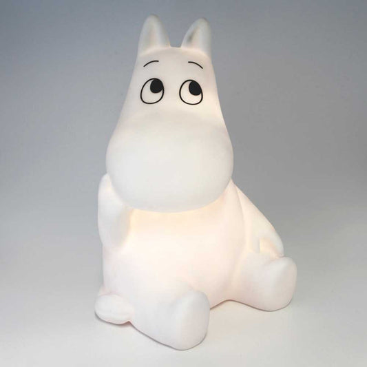White sitting Moomintroll LED lamp, glowing softly