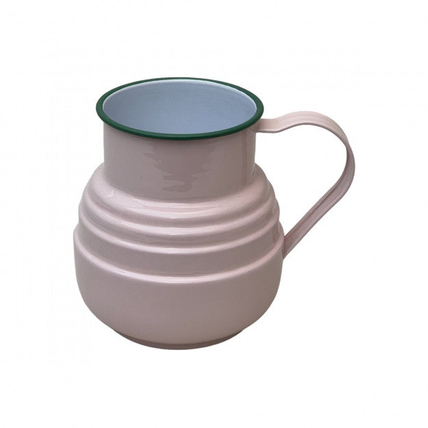 Light pink enamel jug with a ribbed body and a green rim