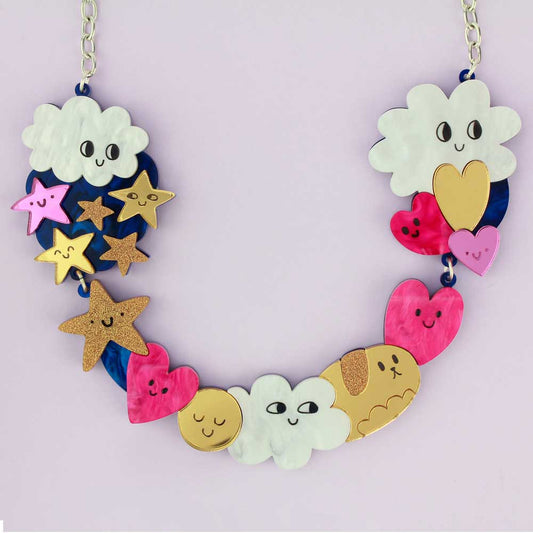 Little Moose Doodllery cloud statement necklace: smiling clouds, stars and hearts
