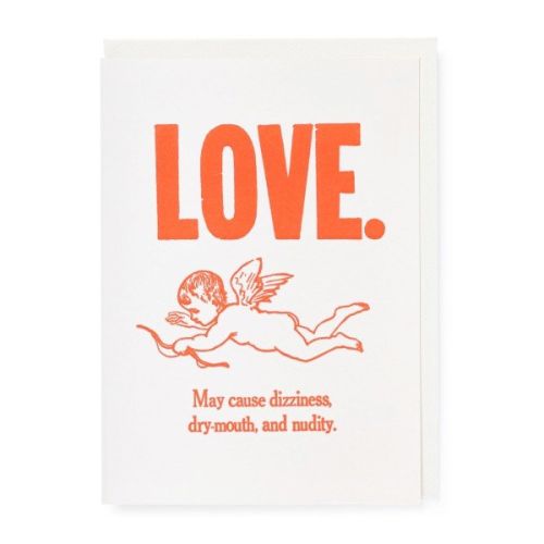Archivist card: a cupid with 'Love.' in red, and 'May cause dizziness, dry-mouth, and insanity.'