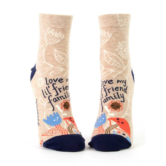 Blue Q ankle socks: oatmeal with birds and flowers and 'Love my lil' friend family'