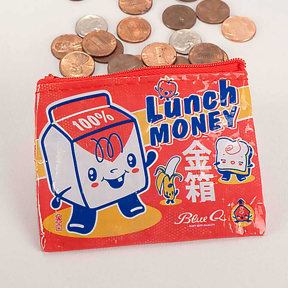 Red coin purse with a smiling milk carton: Lunch money, with coins spilling out