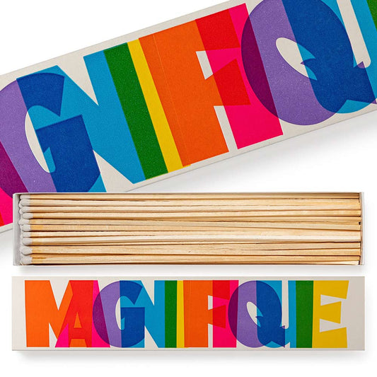 Archivist Magnifique extra long matches in a box with rainbow lettering